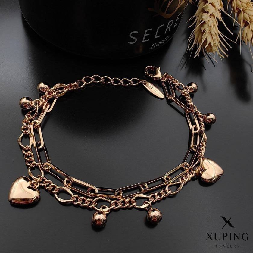 دستبند هرمس دو لاین آویز قلب و گوی ژوپینگ طلایی